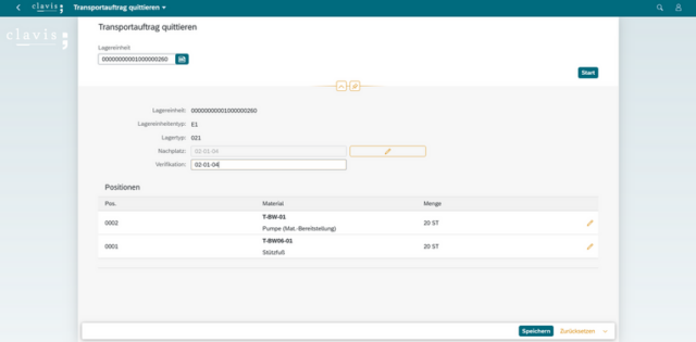 clavis Fiori WM App – TA-Quittierung zur Lagereinheit
