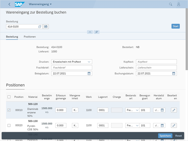 clavis Fiori WM App – Wareneingang - Wareneingang zur Bestellung buchen