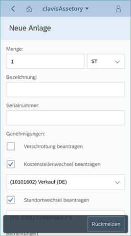 clavis Fiori App Anlageninventur – clavisAssetory - Neue Anlage