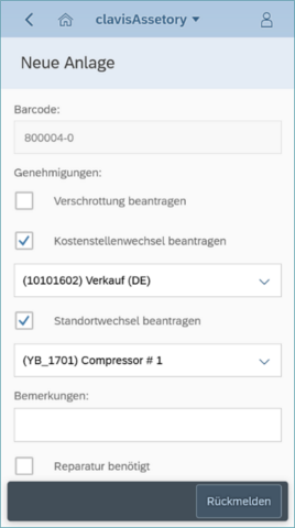 clavis Fiori App Anlageninventur – clavisAssetory - Neue Anlage